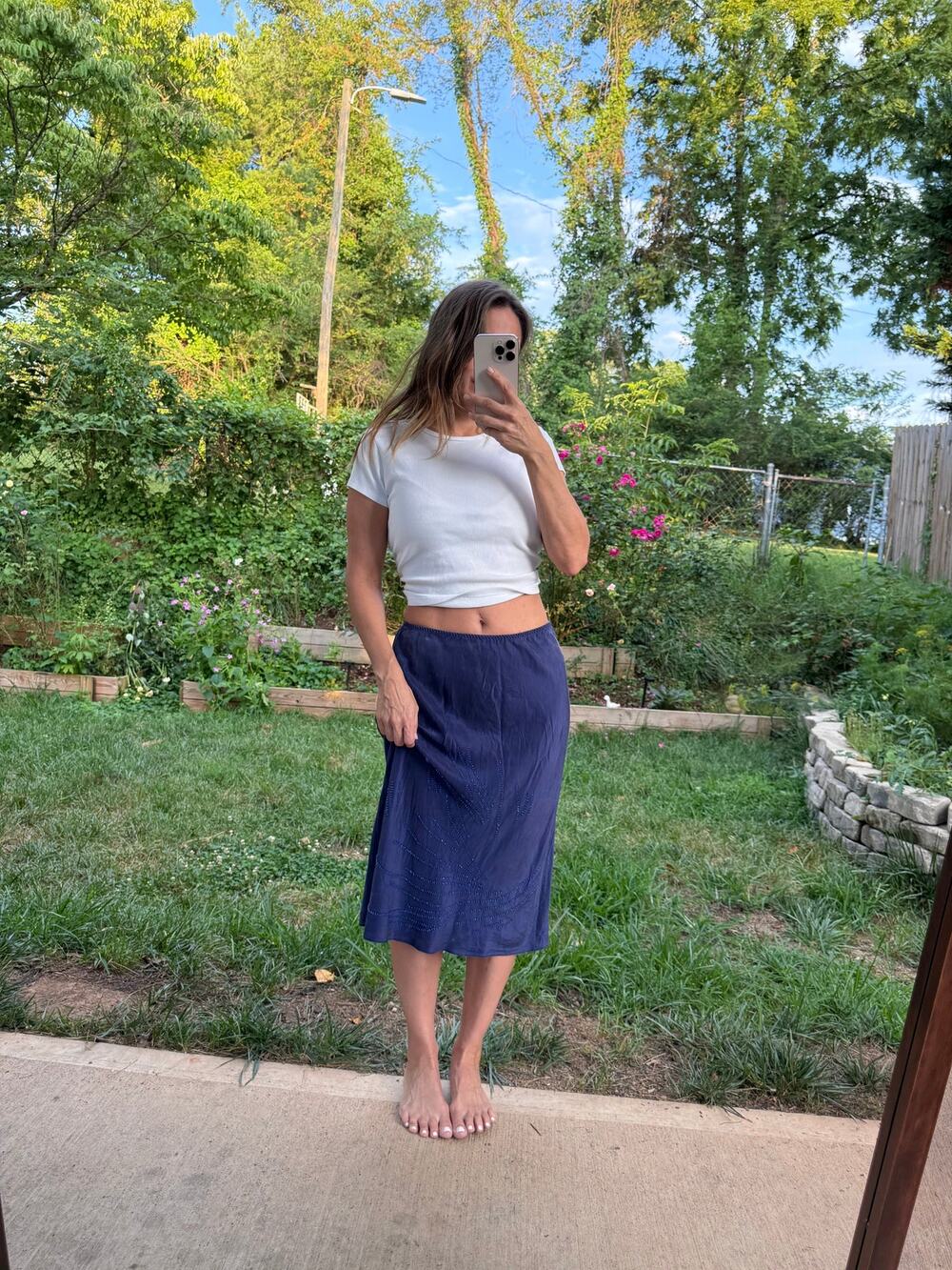 Navy Silk Beaded Bias Midi Skirt